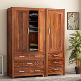 ONIJA Wooden 3 Door Wardrobe for Clothes with 8 Drawer 7 Shelf Storage & Hanging Space and 1 Locker - Sheesham Wood Almirah for Bedroom - HONEY FINISH